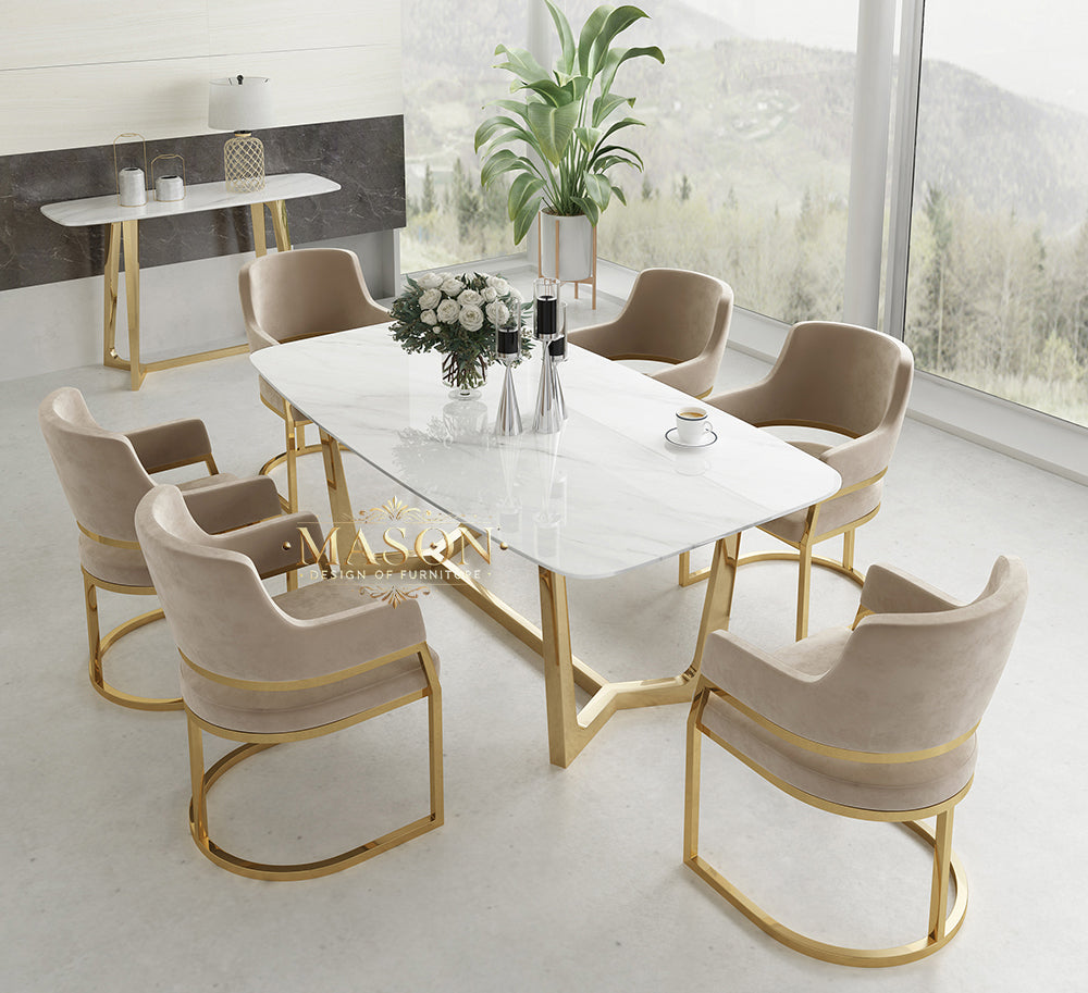 Design Esstisch Set mit 6 Stühlen Gold Metall
