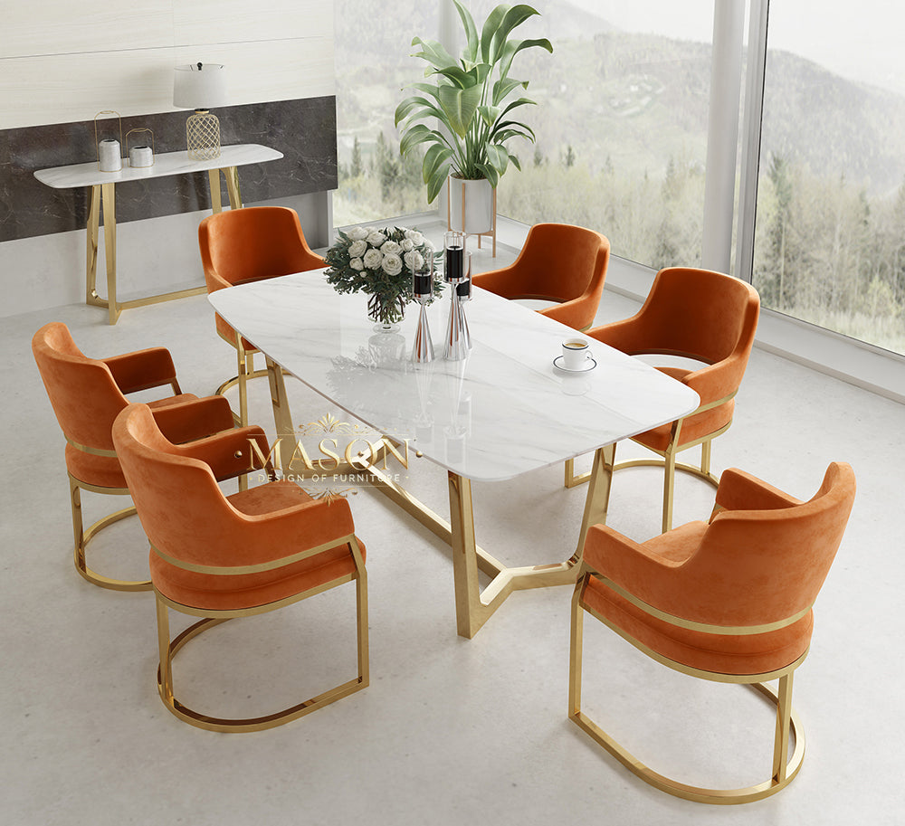 Design Esstisch Set mit 6 Stühlen Gold Metall