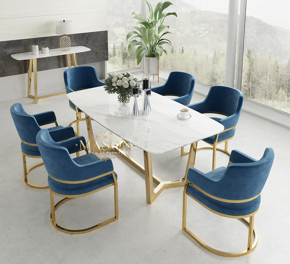Design Esstisch Set mit 6 Stühlen Gold Metall