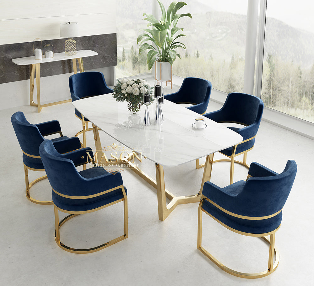 Design Esstisch Set mit 6 Stühlen Gold Metall