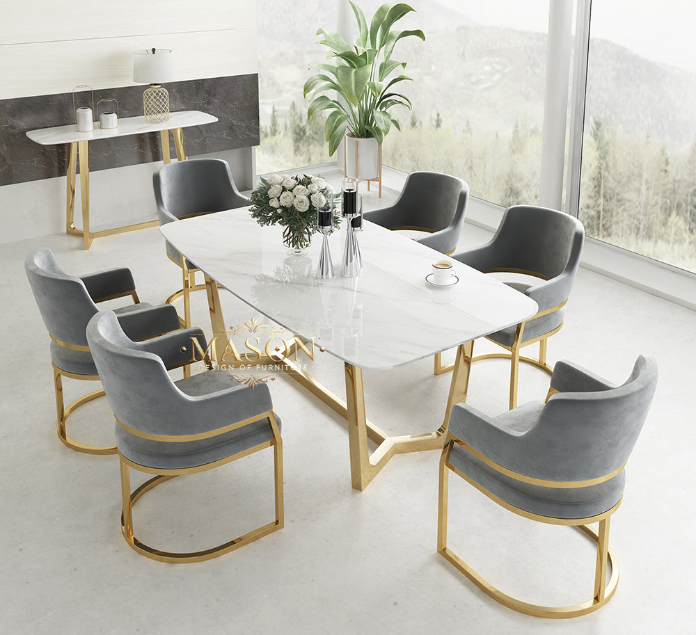 Design Esstisch Set mit 6 Stühlen Gold Metall