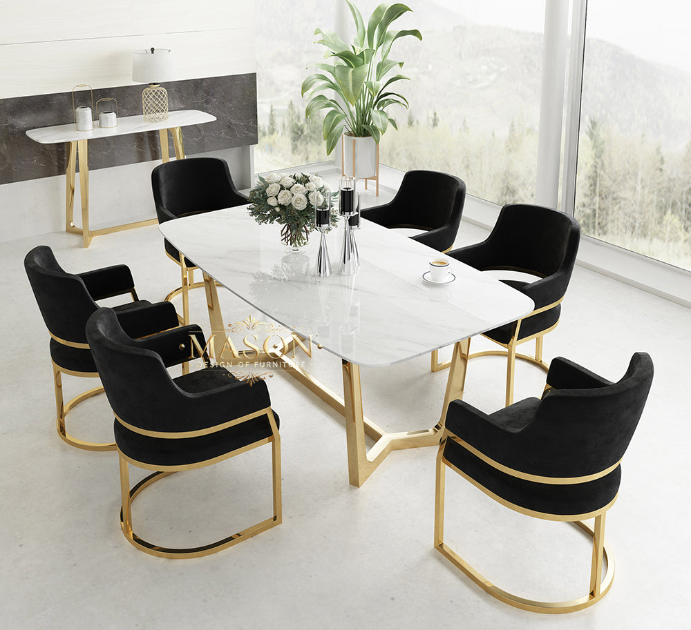Design Esstisch Set mit 6 Stühlen Gold Metall