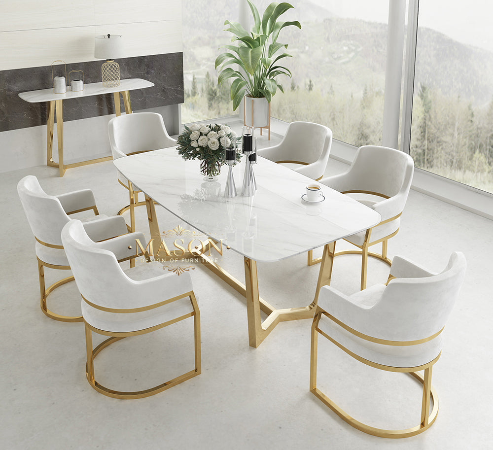 Design Esstisch Set mit 6 Stühlen Gold Metall