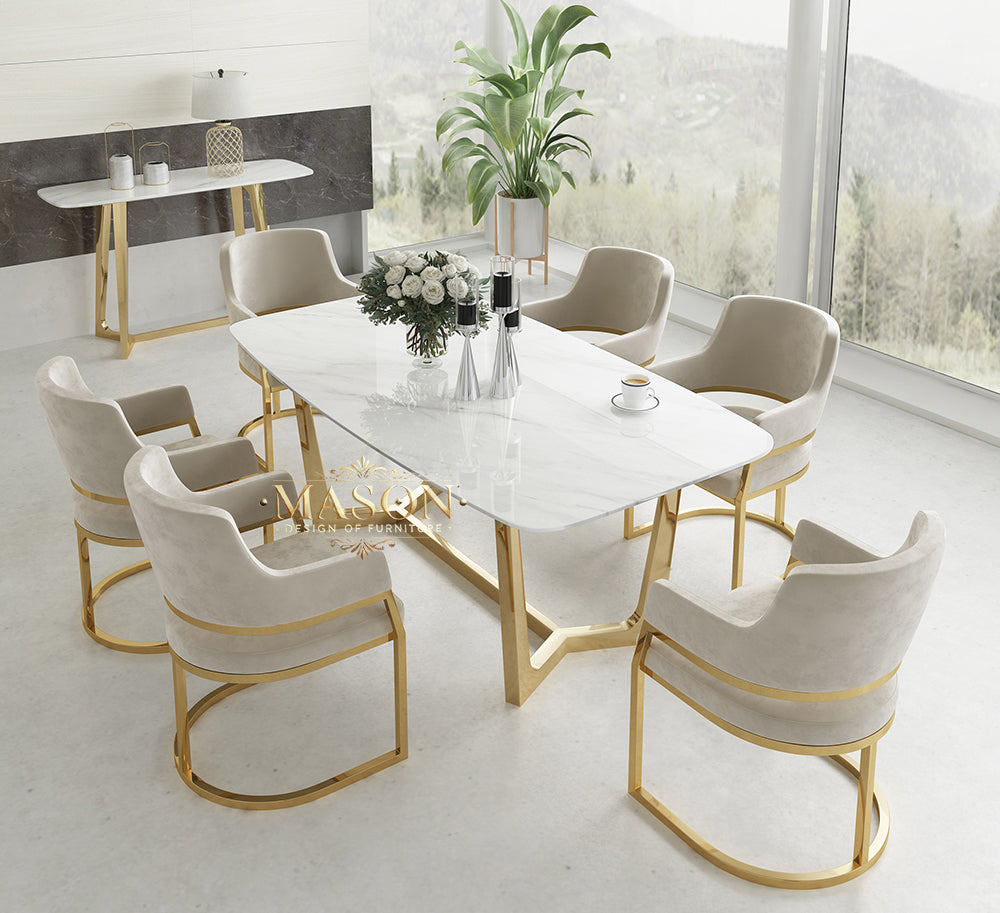 Design Esstisch Set mit 6 Stühlen Gold Metall