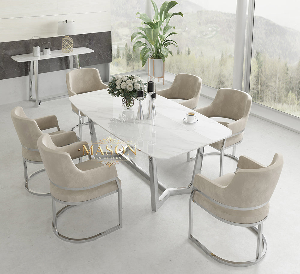 Design Esstisch Set mit 6 Stühlen Silber Metall