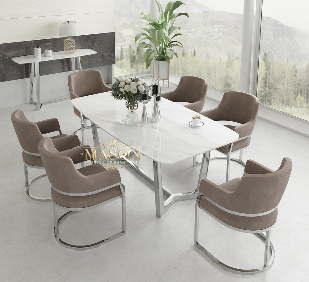 Design Esstisch Set mit 6 Stühlen Silber Metall