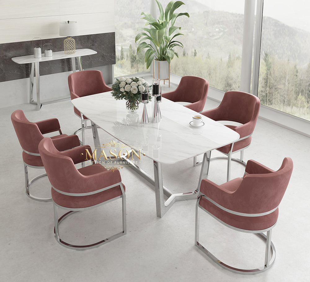 Design Esstisch Set mit 6 Stühlen Silber Metall