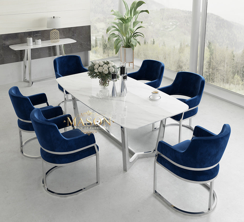 Design Esstisch Set mit 6 Stühlen Silber Metall