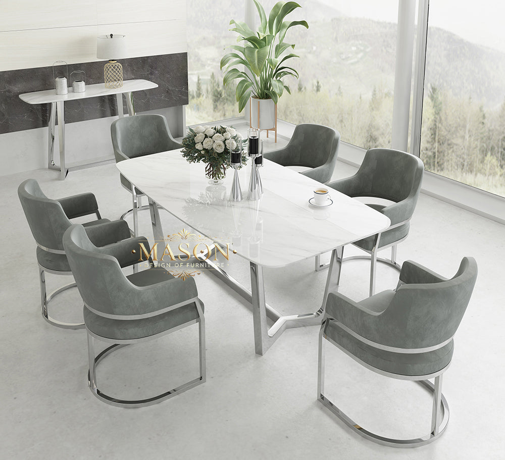 Design Esstisch Set mit 6 Stühlen Silber Metall