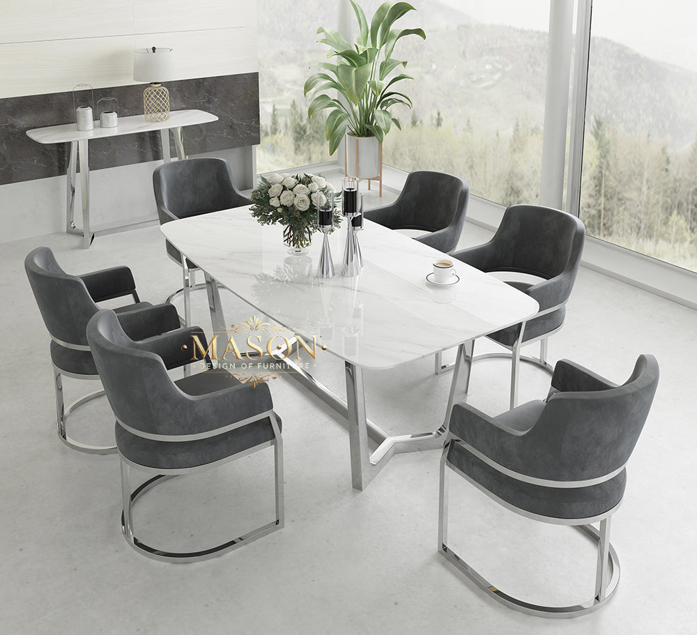 Design Esstisch Set mit 6 Stühlen Silber Metall
