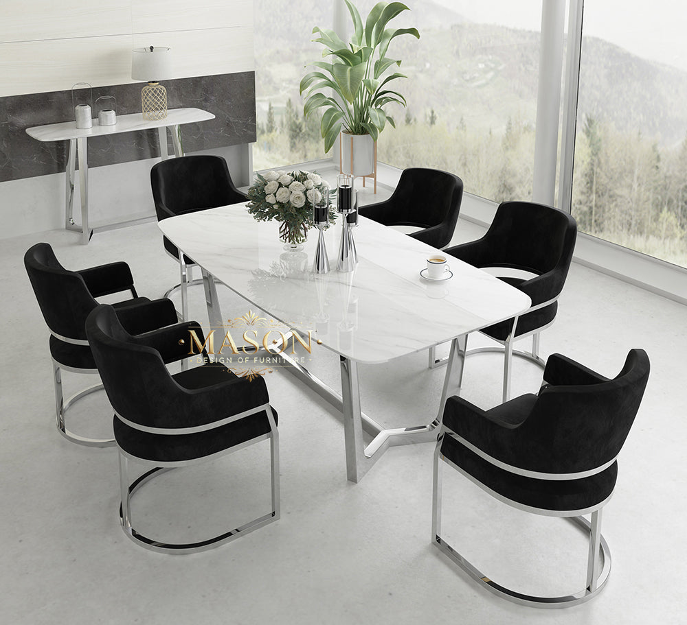 Design Esstisch Set mit 6 Stühlen Silber Metall