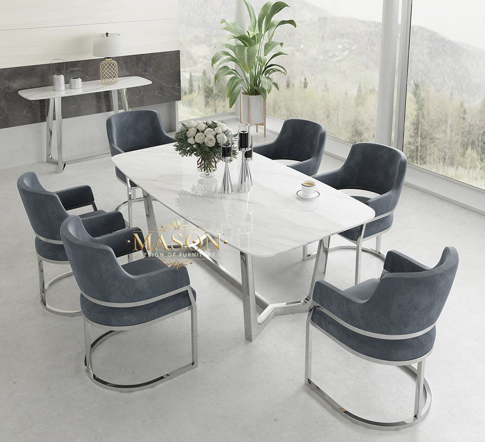Design Esstisch Set mit 6 Stühlen Silber Metall