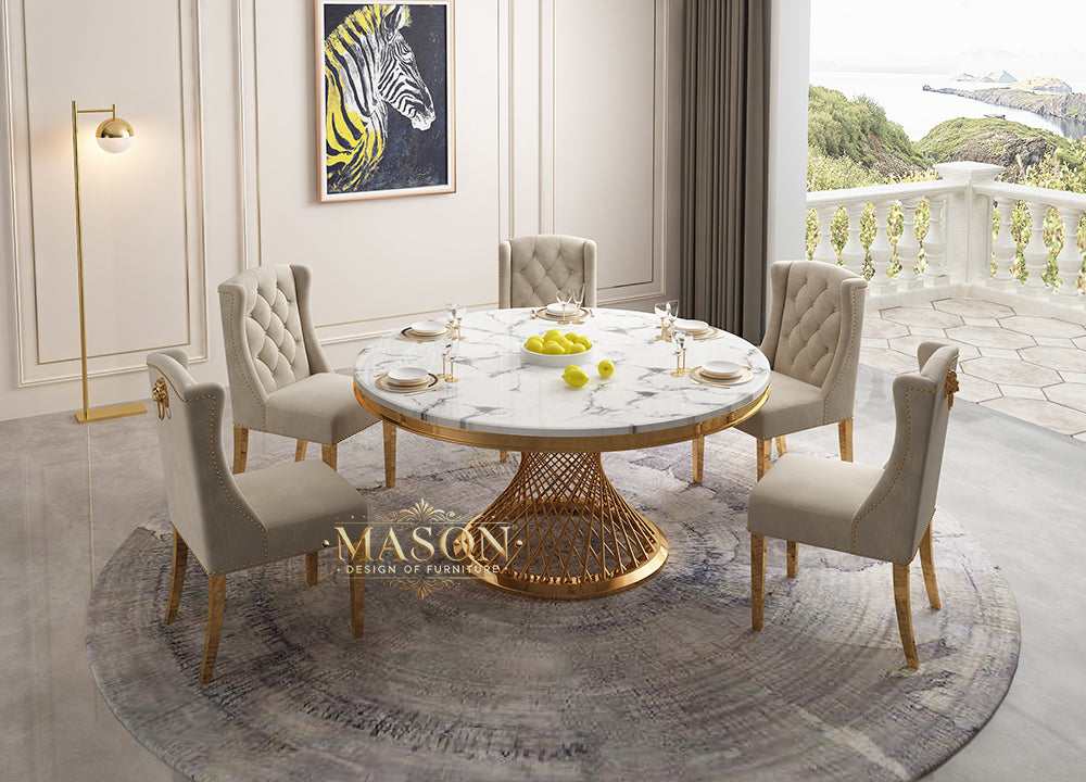 Design Esstisch Set Rund mit 5 Stühlen Gold Weiss