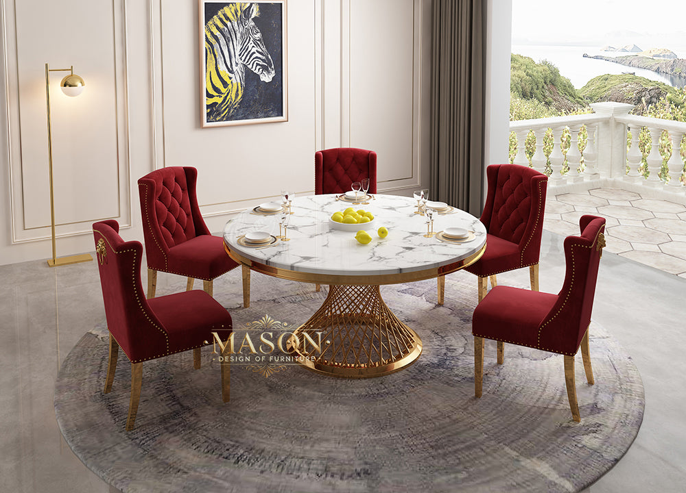 Design Esstisch Set Rund mit 5 Stühlen Gold Weiss