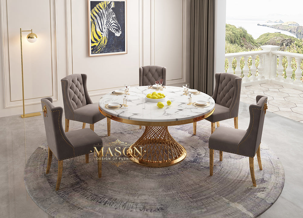 Design Esstisch Set Rund mit 5 Stühlen Gold Weiss