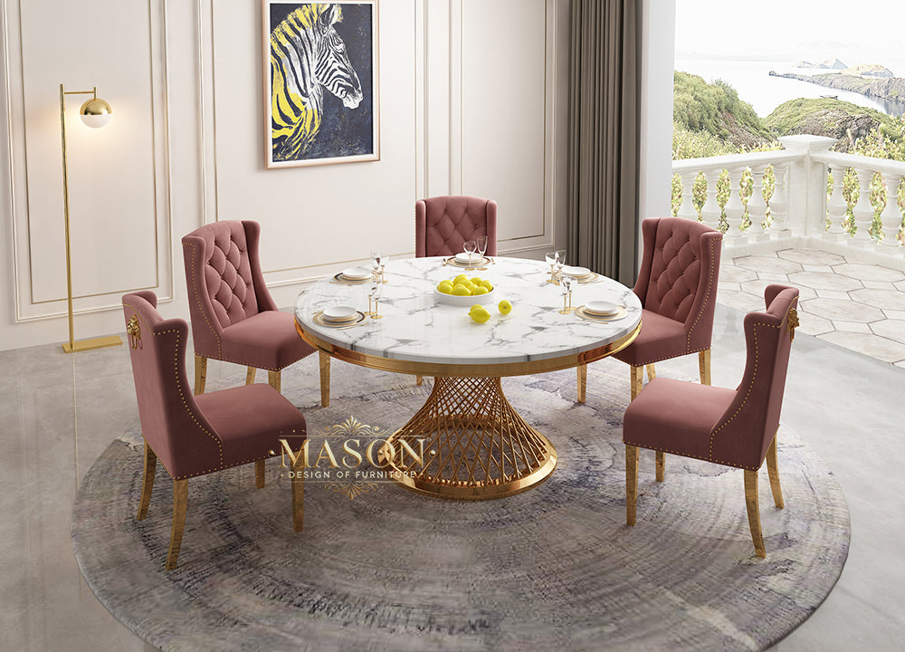 Design Esstisch Set Rund mit 5 Stühlen Gold Weiss