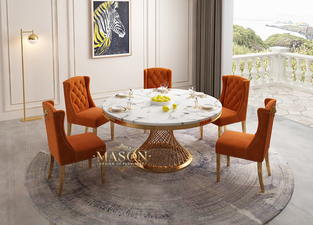 Design Esstisch Set Rund mit 5 Stühlen Gold Weiss