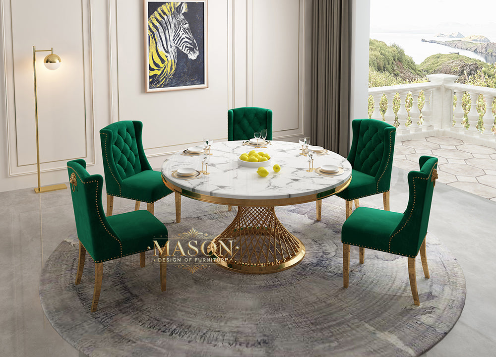Design Esstisch Set Rund mit 5 Stühlen Gold Weiss