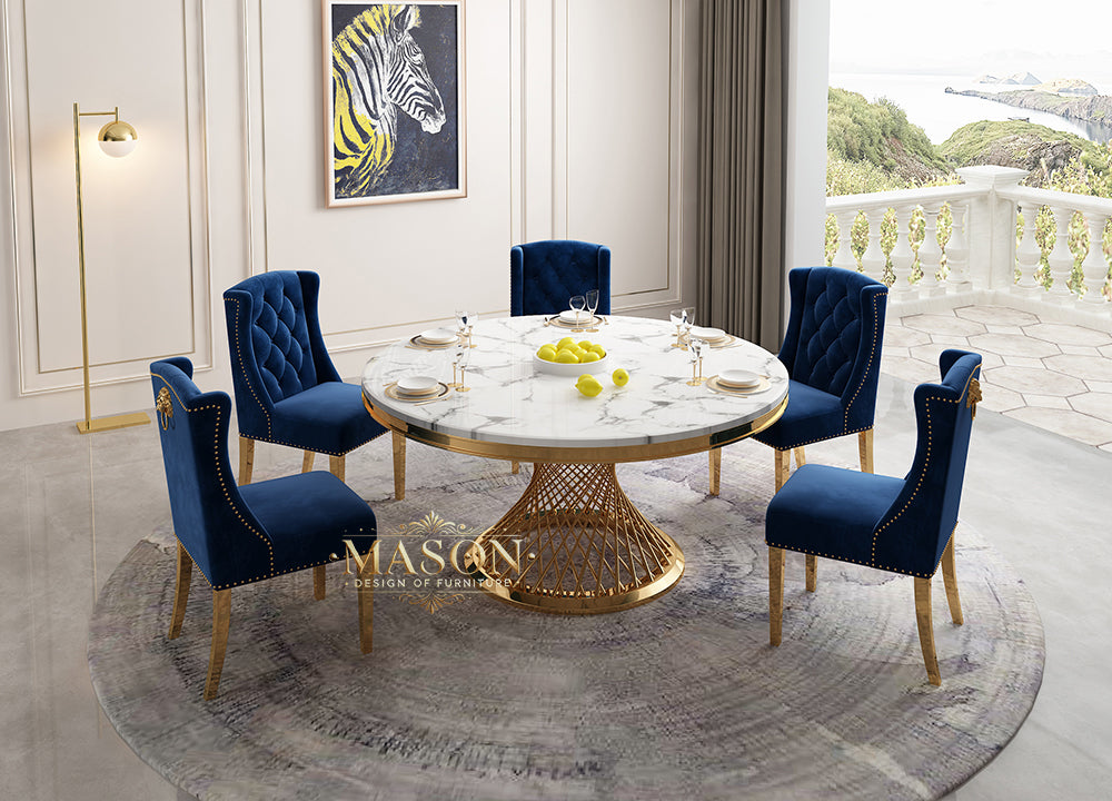 Design Esstisch Set Rund mit 5 Stühlen Gold Weiss