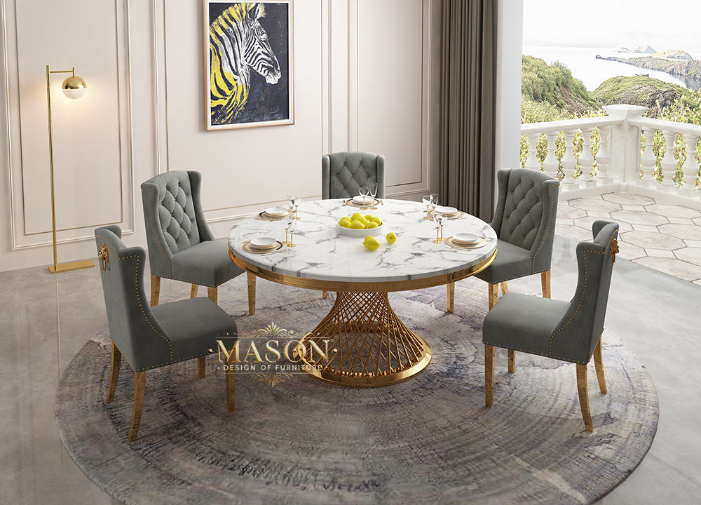 Design Esstisch Set Rund mit 5 Stühlen Gold Weiss