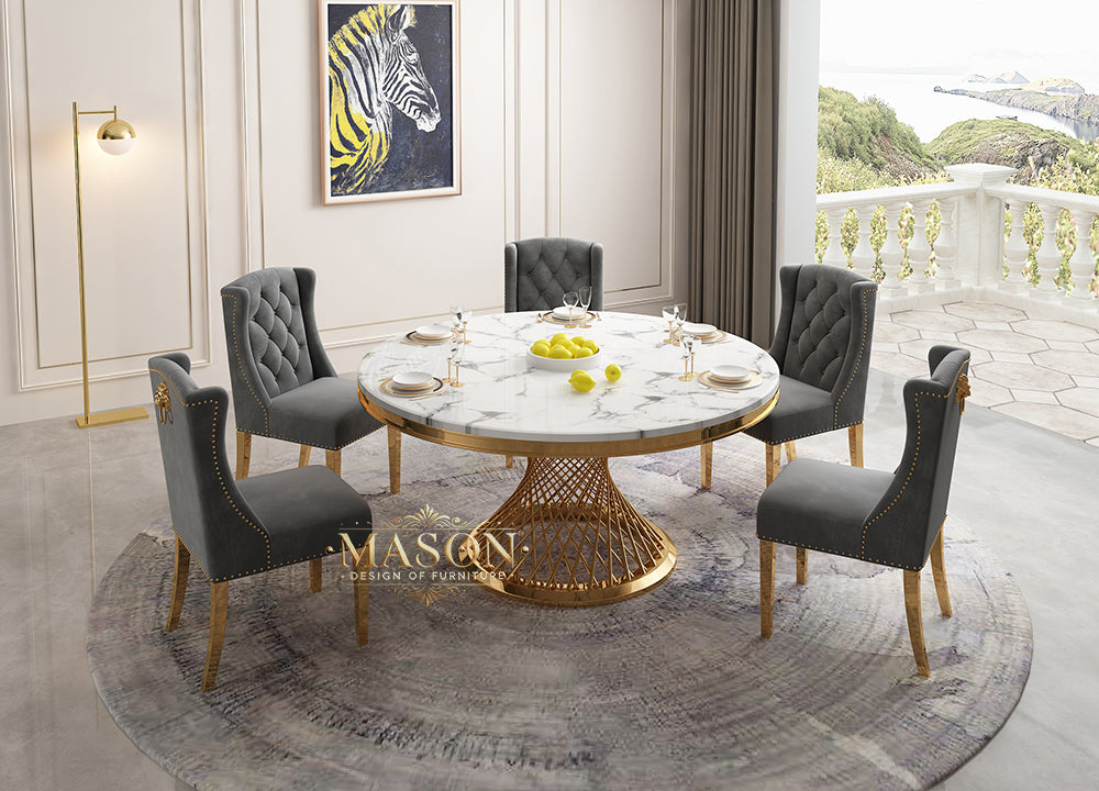Design Esstisch Set Rund mit 5 Stühlen Gold Weiss