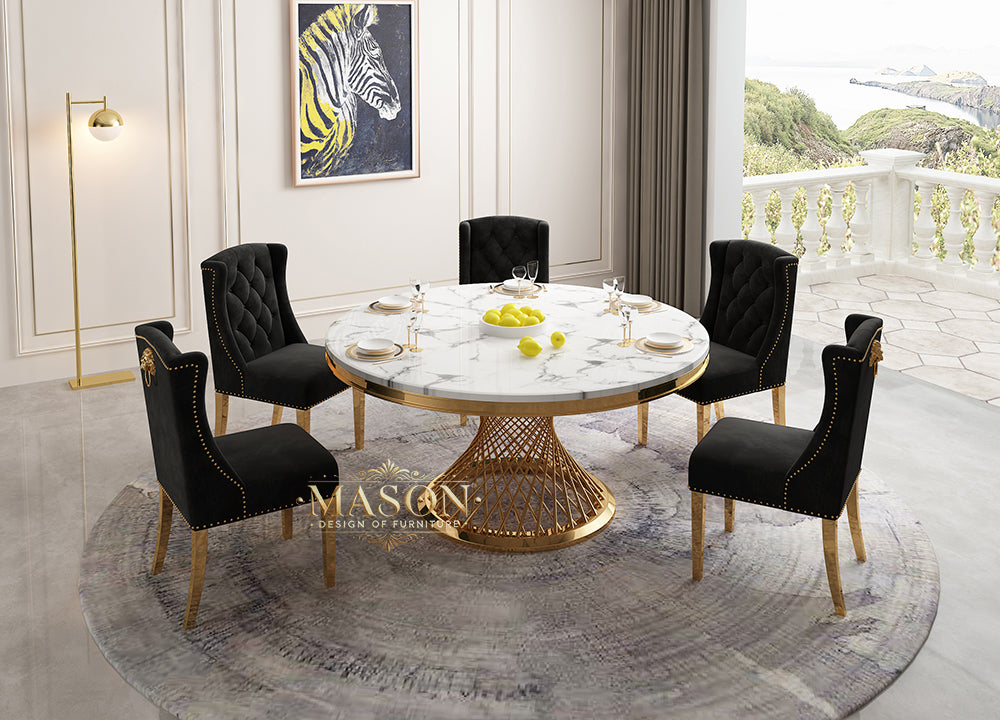 Design Esstisch Set Rund mit 5 Stühlen Gold Weiss
