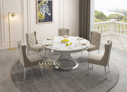 Design Esstisch Set Rund mit 5 Stühlen Silber Weiss