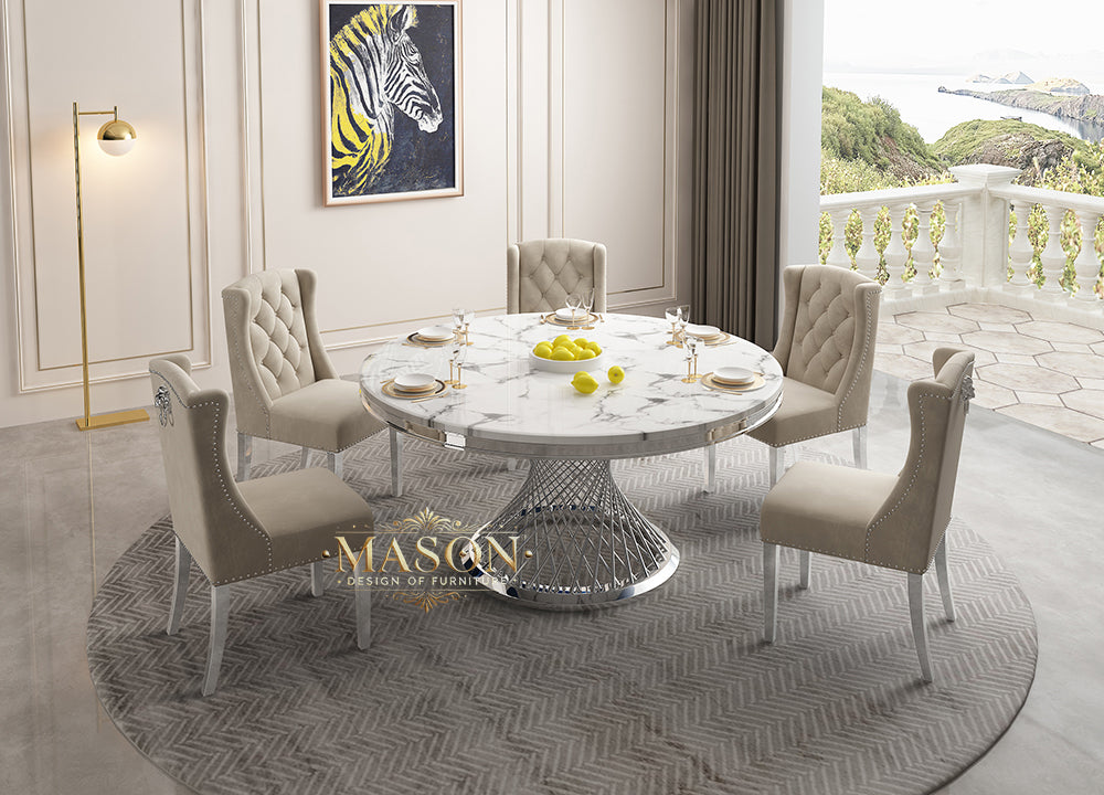 Design Esstisch Set Rund mit 5 Stühlen Silber Weiss