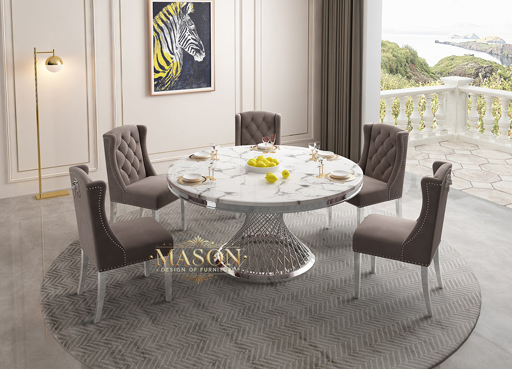 Design Esstisch Set Rund mit 5 Stühlen Silber Weiss