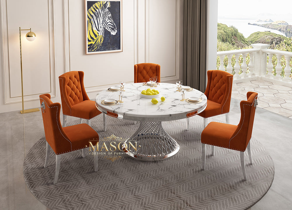 Design Esstisch Set Rund mit 5 Stühlen Silber Weiss