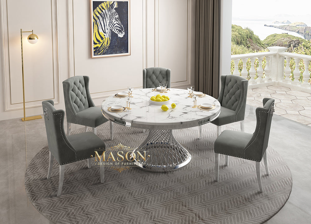 Design Esstisch Set Rund mit 5 Stühlen Silber Weiss