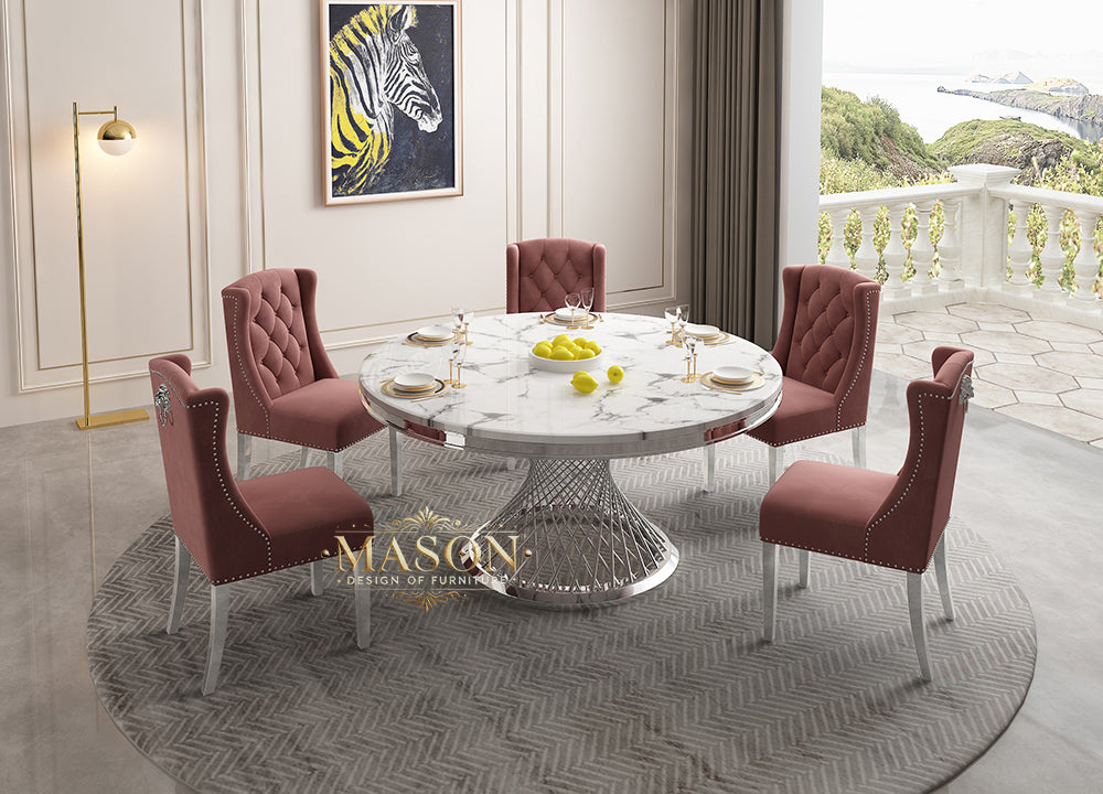 Design Esstisch Set Rund mit 5 Stühlen Silber Weiss