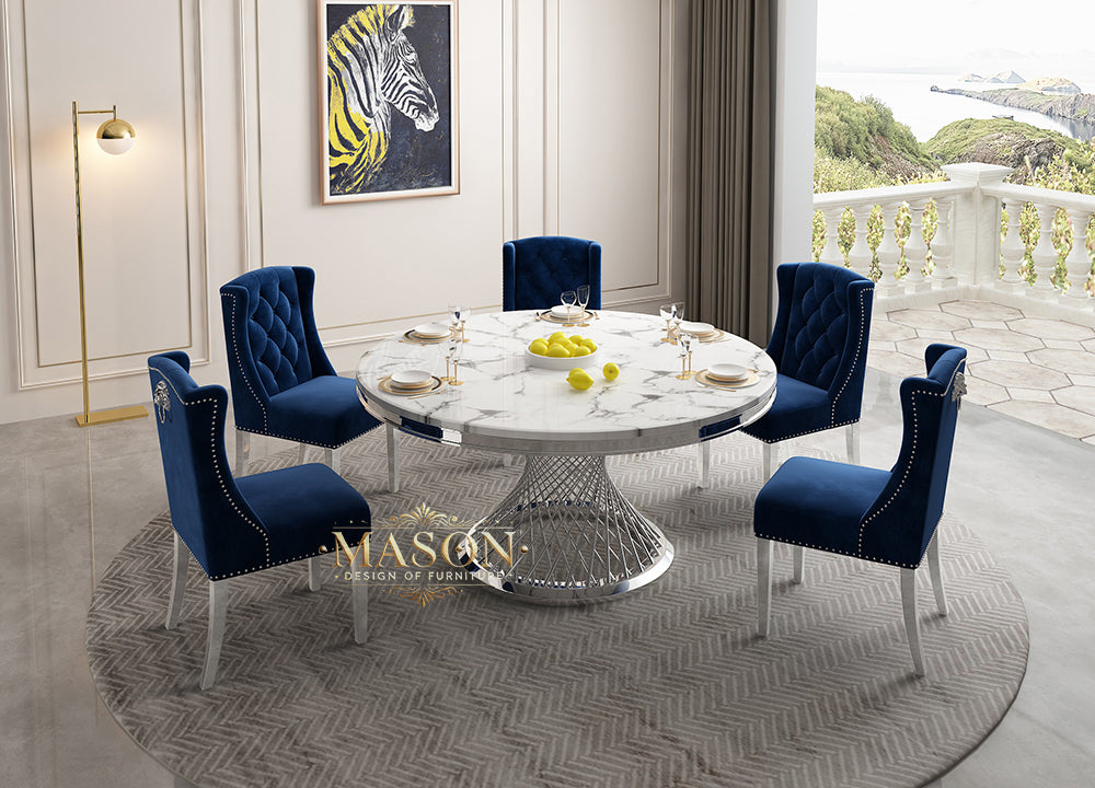 Design Esstisch Set Rund mit 5 Stühlen Silber Weiss