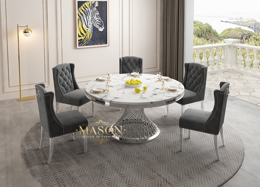 Design Esstisch Set Rund mit 5 Stühlen Silber Weiss