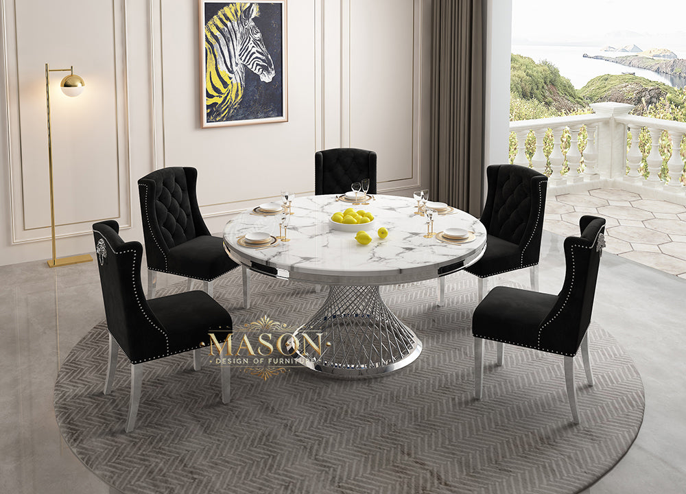 Design Esstisch Set Rund mit 5 Stühlen Silber Weiss