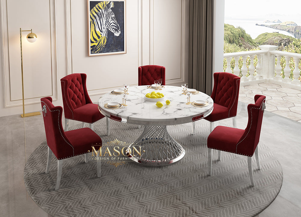 Design Esstisch Set Rund mit 5 Stühlen Silber Weiss