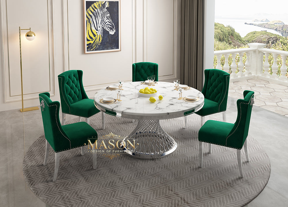 Design Esstisch Set Rund mit 5 Stühlen Silber Weiss
