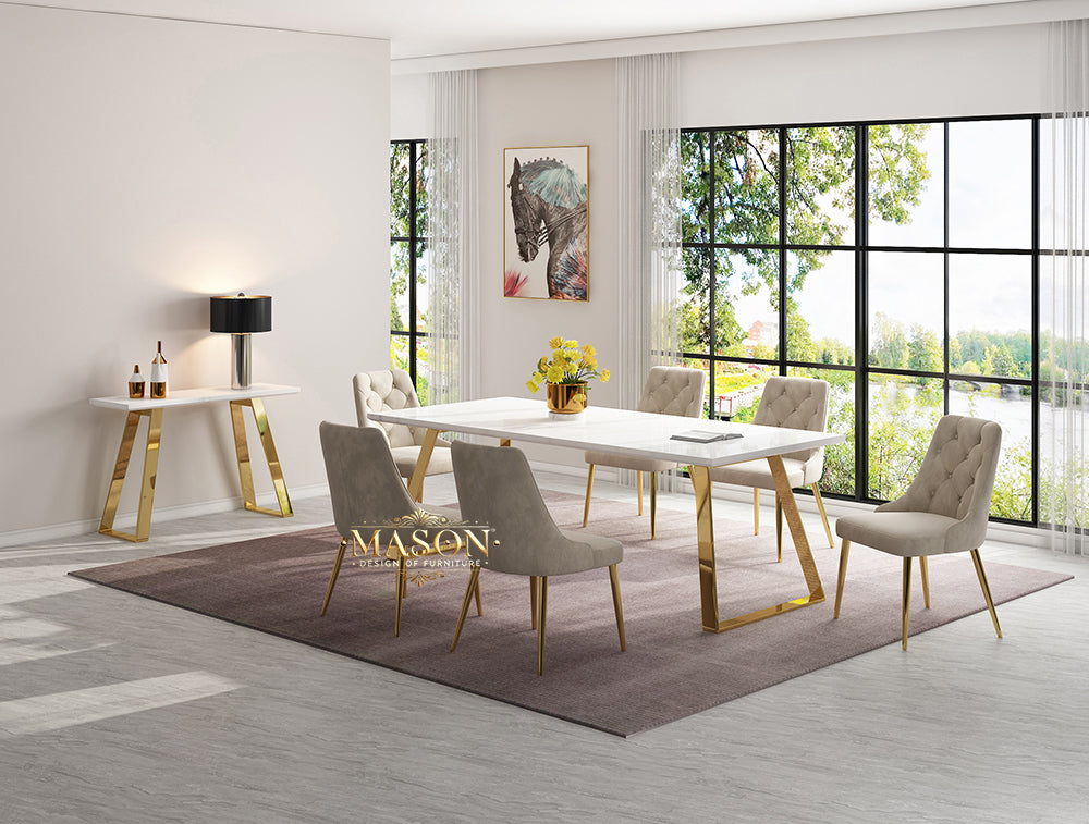 Design Esstisch Set mit 6 Stühlen Gold Weiss