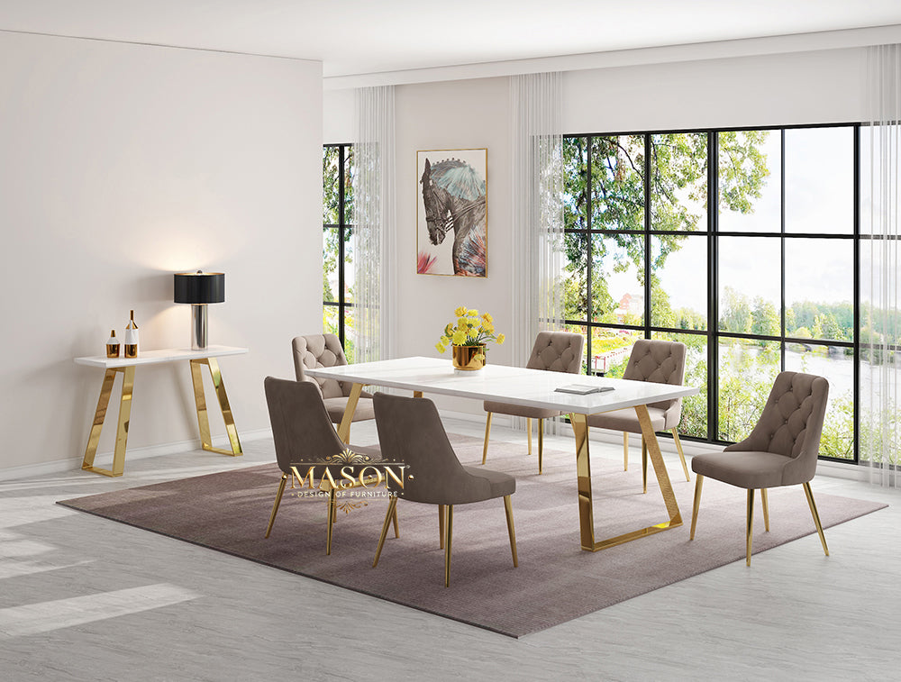 Design Esstisch Set mit 6 Stühlen Gold Weiss