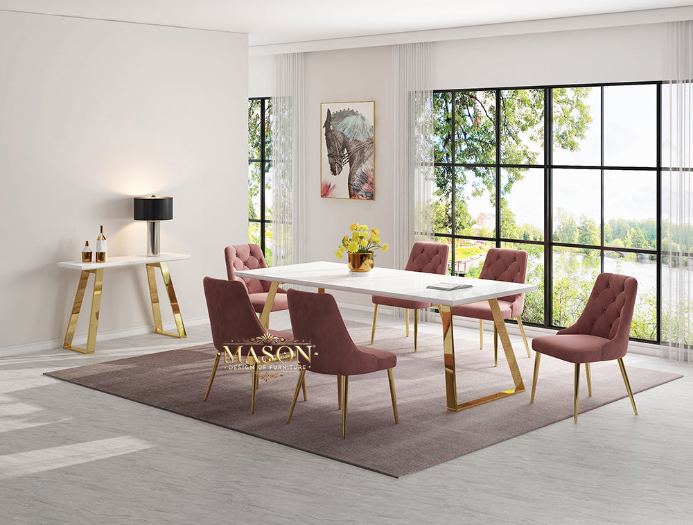 Design Esstisch Set mit 6 Stühlen Gold Weiss