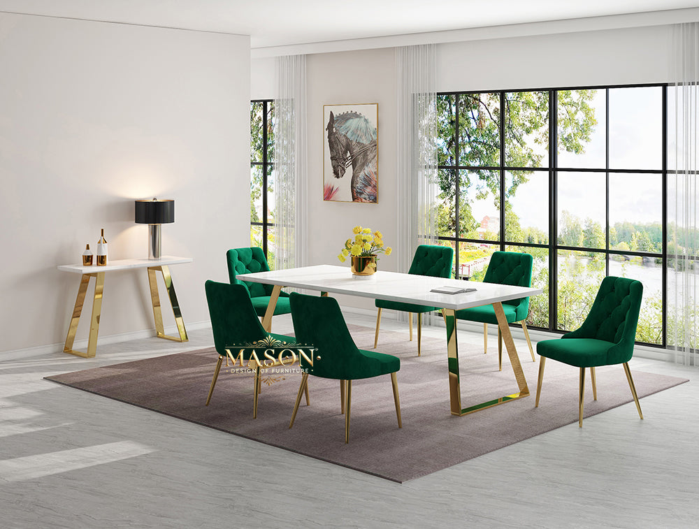 Design Esstisch Set mit 6 Stühlen Gold Weiss