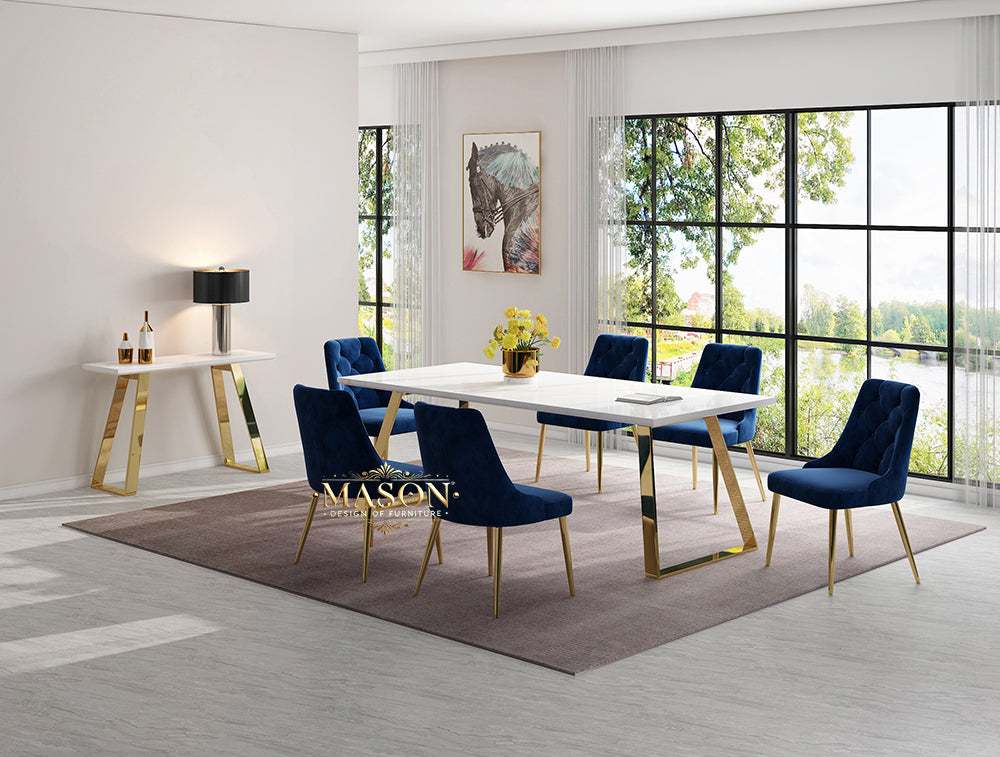 Design Esstisch Set mit 6 Stühlen Gold Weiss