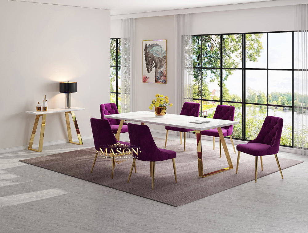 Design Esstisch Set mit 6 Stühlen Gold Weiss