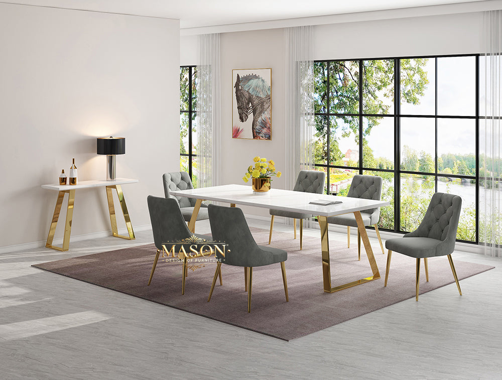 Design Esstisch Set mit 6 Stühlen Gold Weiss