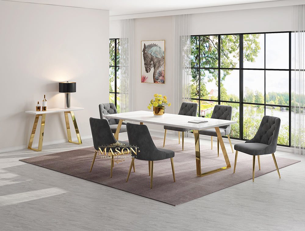 Design Esstisch Set mit 6 Stühlen Gold Weiss