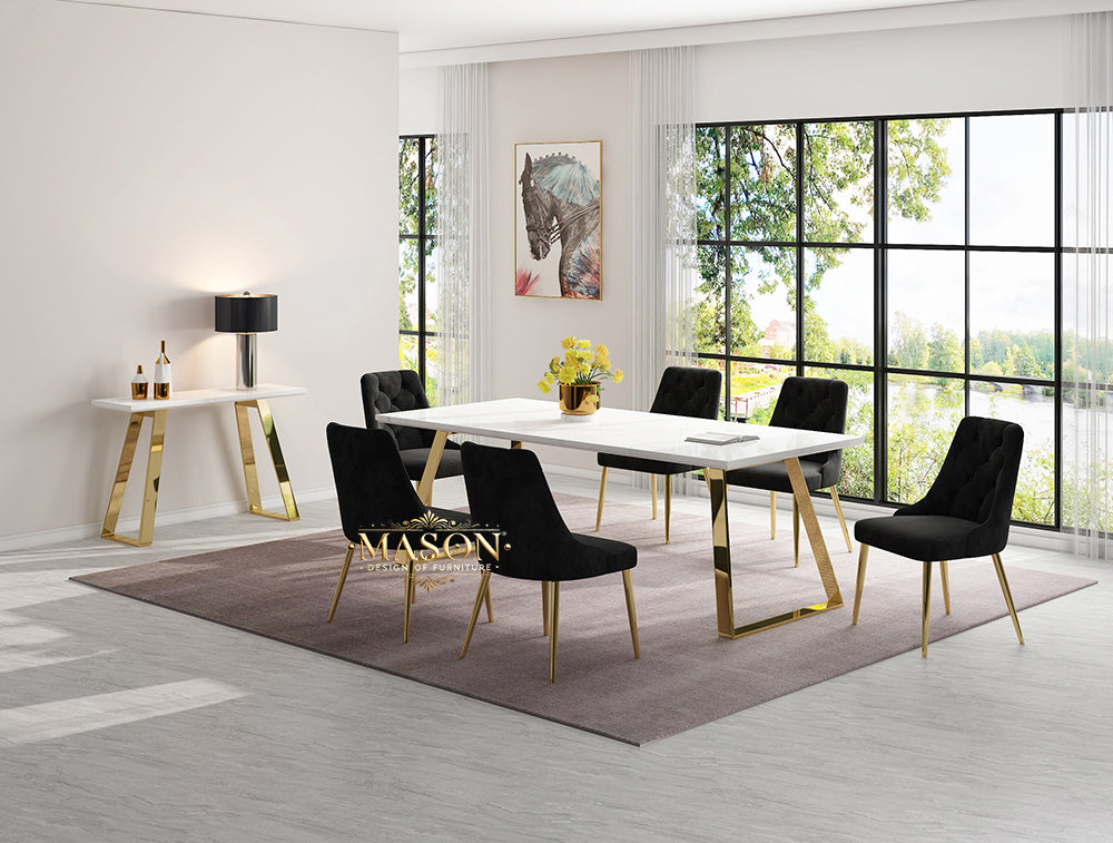 Design Esstisch Set mit 6 Stühlen Gold Weiss