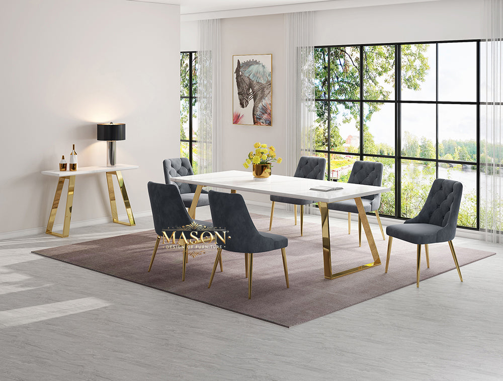 Design Esstisch Set mit 6 Stühlen Gold Weiss