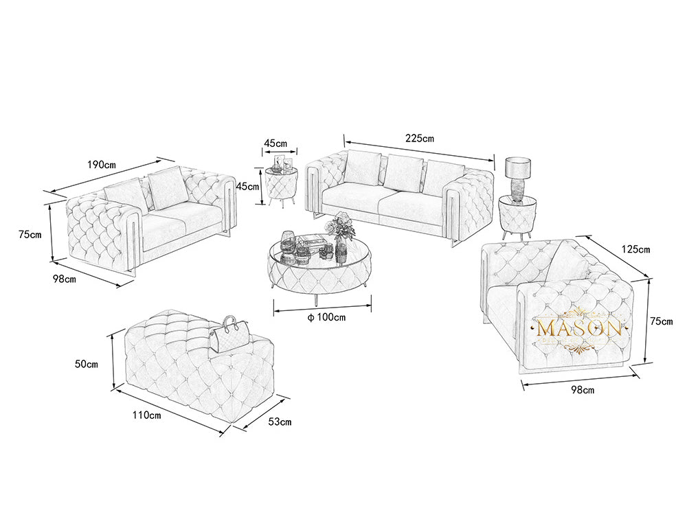 Design Chesterfield 3er Sofa Set Grün Samt