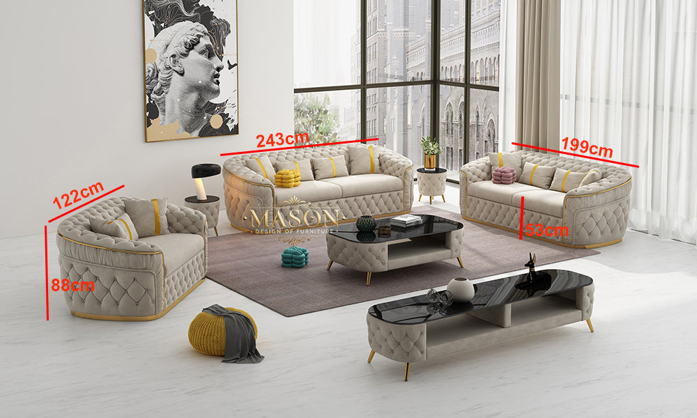 Chesterfield Sofa 3er Set Beige Samt