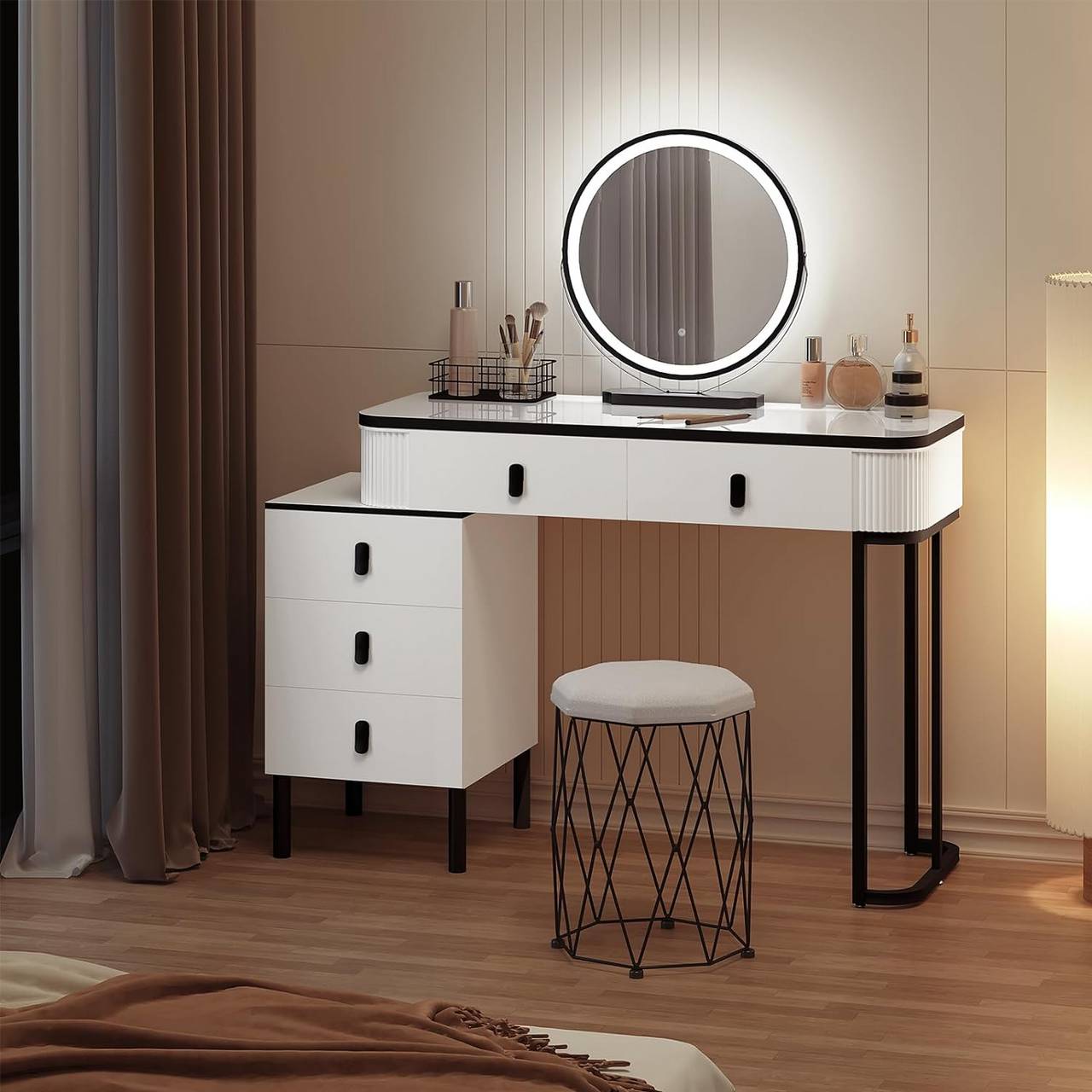 Schminktisch, Hocker aus Samt, Spiegel mit LED, Seitenschrank Weiss